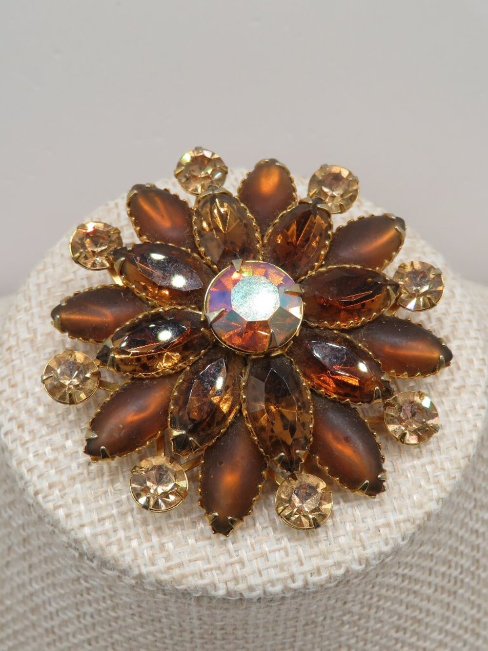 Vintage Judy Lee Amber Brown Rhinestone Floral Brooch